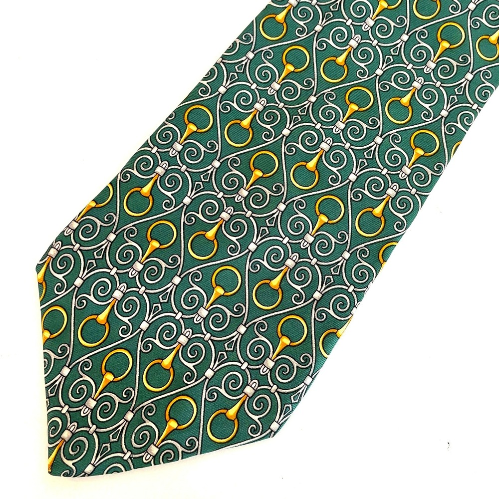 Vintage Paolo Gucci Mens Silk Tie Green Gold Horsebit Equestrian Pattern Italy
